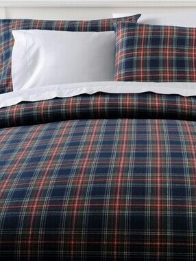 L.L. Bean Heritage Chamois Flannel Comforter Cover Navy Plaid + 2 Standard Shams